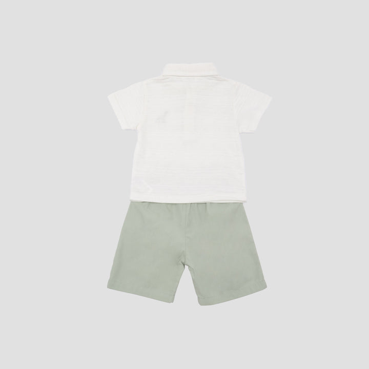 Little M Polo Short Woven Embro Dino Pakaian Setelan Bayi