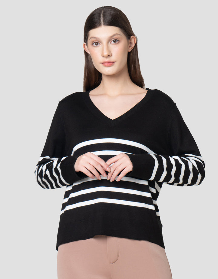 Connexion Rajut V Neck Garis Kemeja Wanita