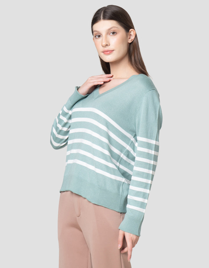 Connexion Rajut V Neck Garis Kemeja Wanita