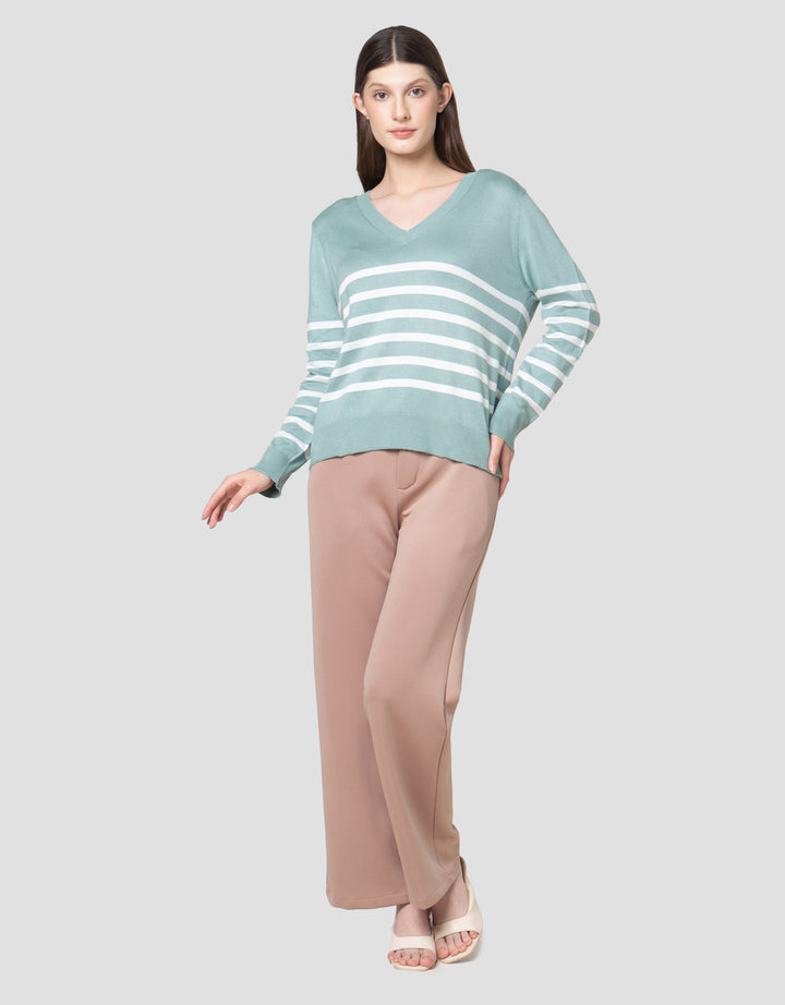 Connexion Rajut V Neck Garis Kemeja Wanita