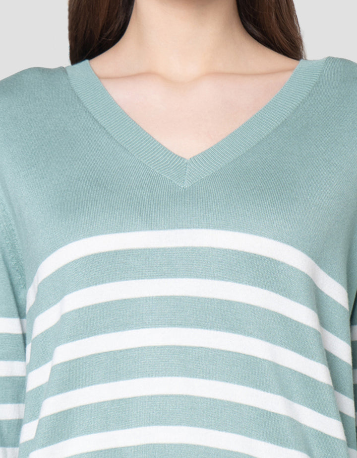 Connexion Rajut V Neck Garis Kemeja Wanita