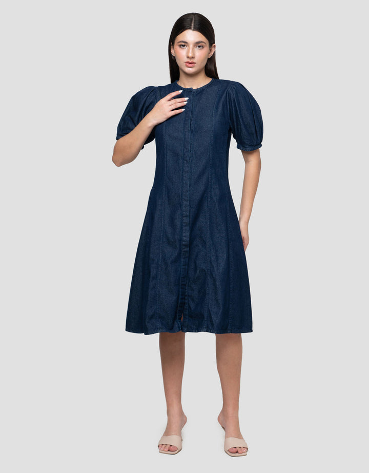 Connexion Denim Puff Sleeve Midi Dress Wanita