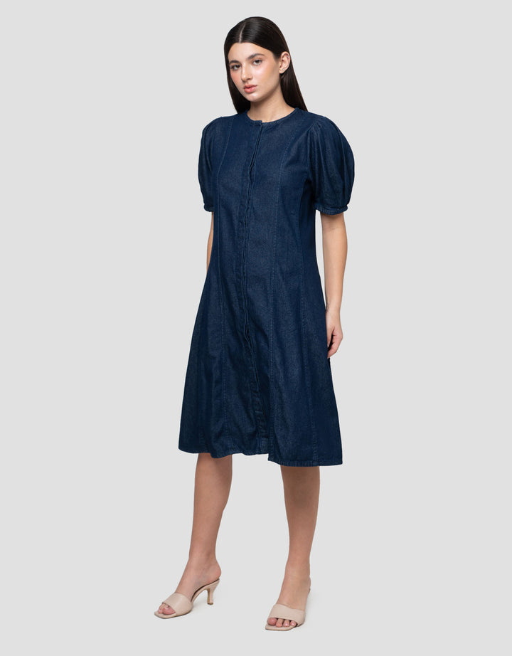Connexion Denim Puff Sleeve Midi Dress Wanita