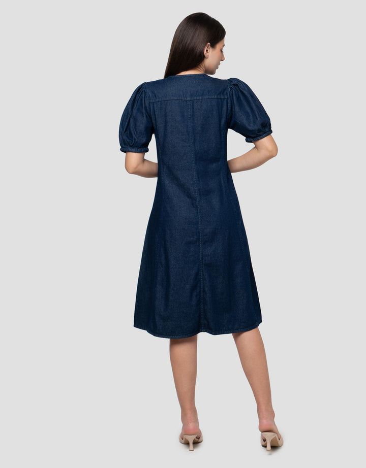 Connexion Denim Puff Sleeve Midi Dress Wanita