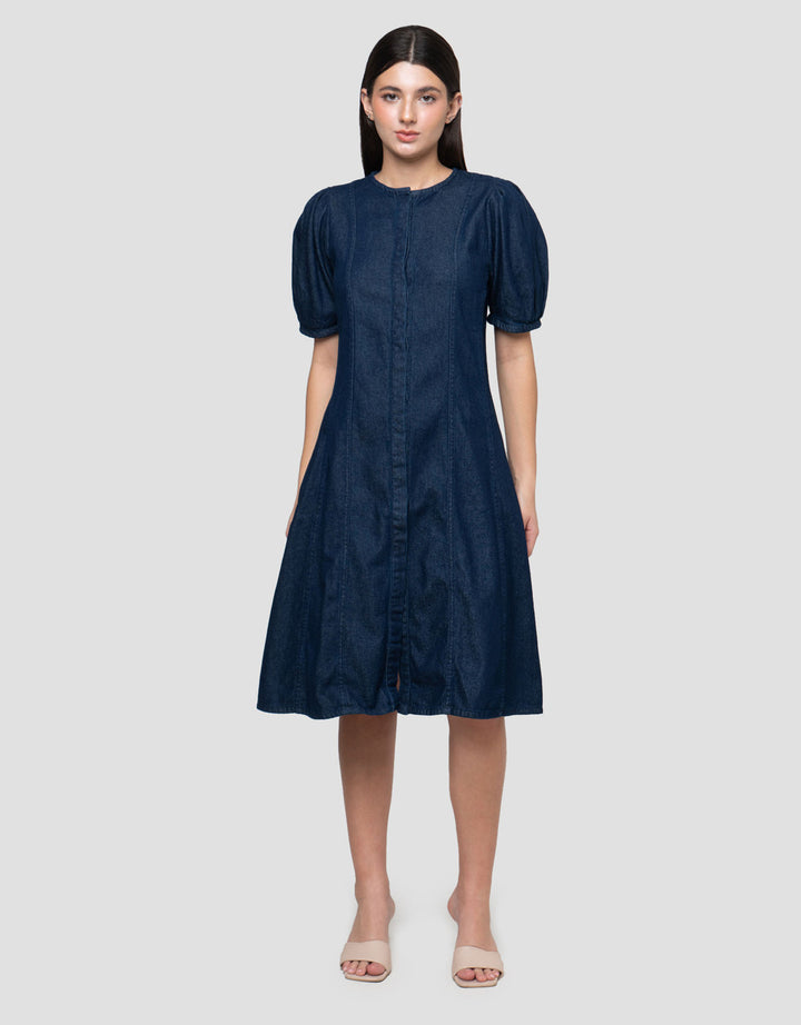 Connexion Denim Puff Sleeve Midi Dress Wanita