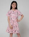 Nevada Short Sleeve Midi Dress Full Print Heart Serut Pinggang