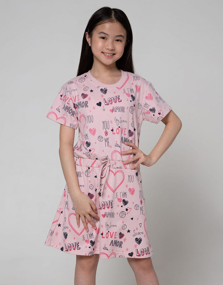 Nevada Short Sleeve Midi Dress Full Print Heart Serut Pinggang