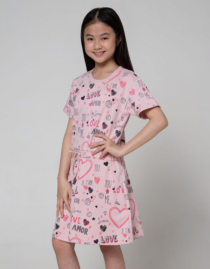 Nevada Short Sleeve Midi Dress Full Print Heart Serut Pinggang