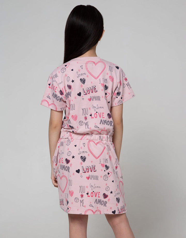 Nevada Short Sleeve Midi Dress Full Print Heart Serut Pinggang