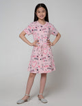 Nevada Short Sleeve Midi Dress Full Print Heart Serut Pinggang