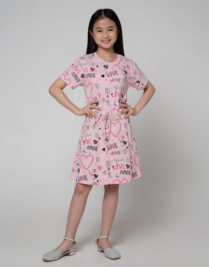 Nevada Short Sleeve Midi Dress Full Print Heart Serut Pinggang