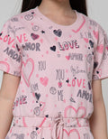 Nevada Short Sleeve Midi Dress Full Print Heart Serut Pinggang