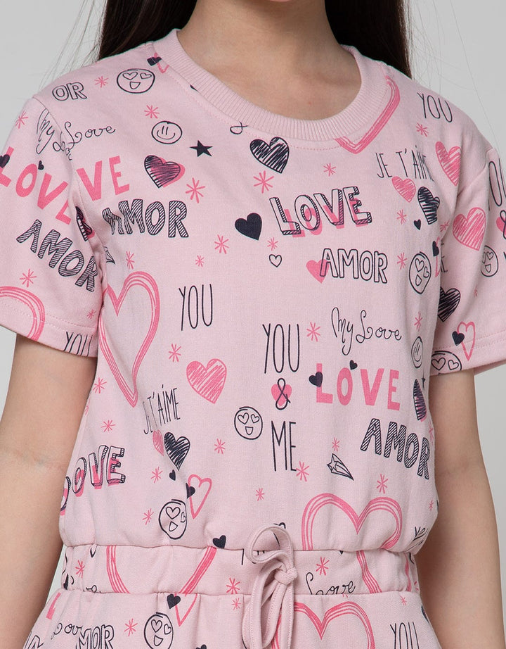 Nevada Short Sleeve Midi Dress Full Print Heart Serut Pinggang