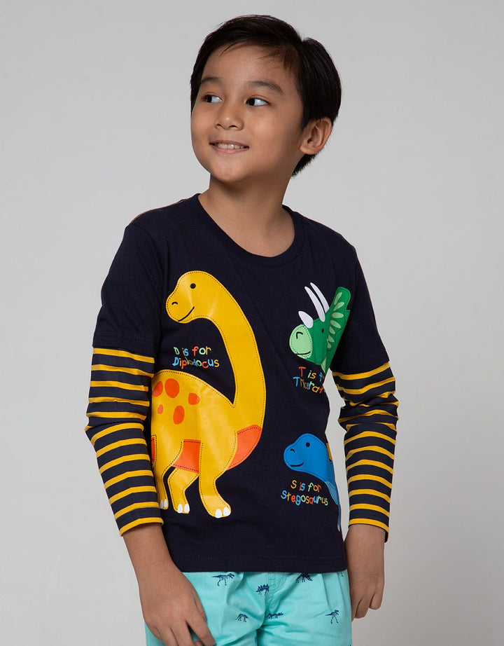 Little M Long Sleeve T-Shirt Double Sleeve Stripe Dino