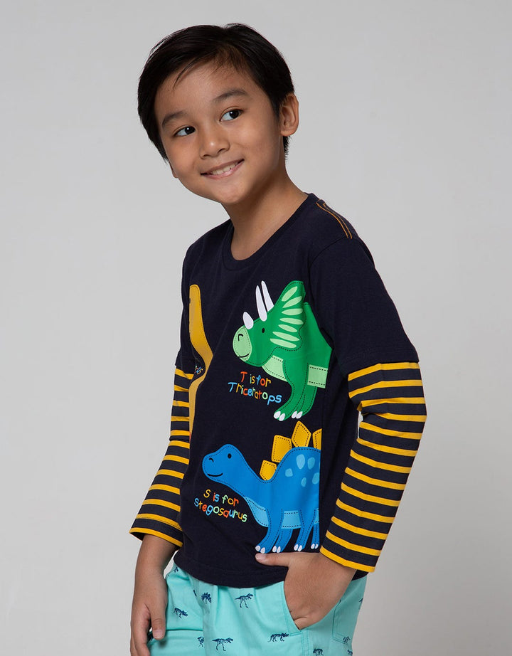 Little M Long Sleeve T-Shirt Double Sleeve Stripe Dino