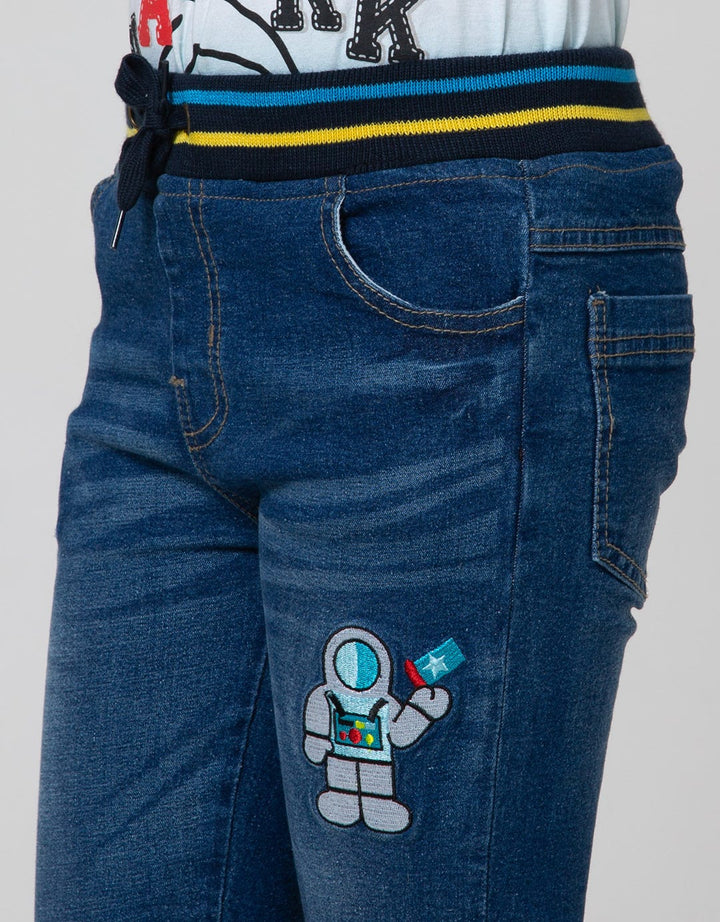 Little M Denim Long Pants Rib Stretch Bordir Astronot