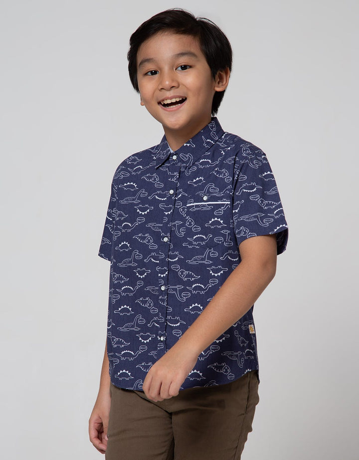 Little M Short Sleeve Shirt Print Dino Chambray Slub
