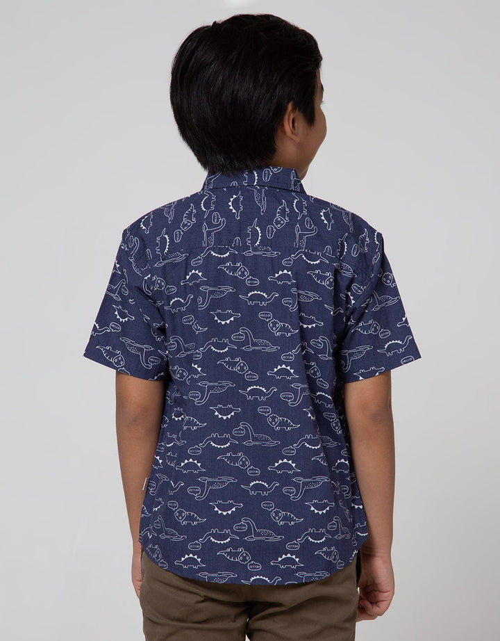Little M Short Sleeve Shirt Print Dino Chambray Slub