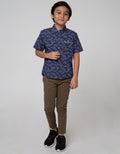 Little M Short Sleeve Shirt Print Dino Chambray Slub
