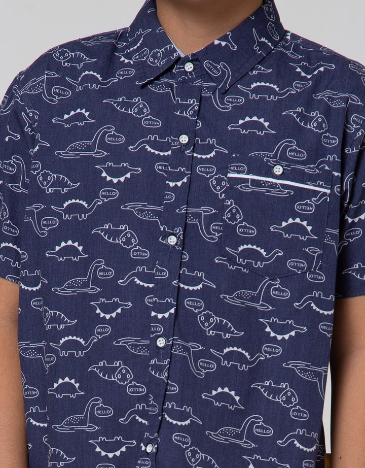 Little M Short Sleeve Shirt Print Dino Chambray Slub