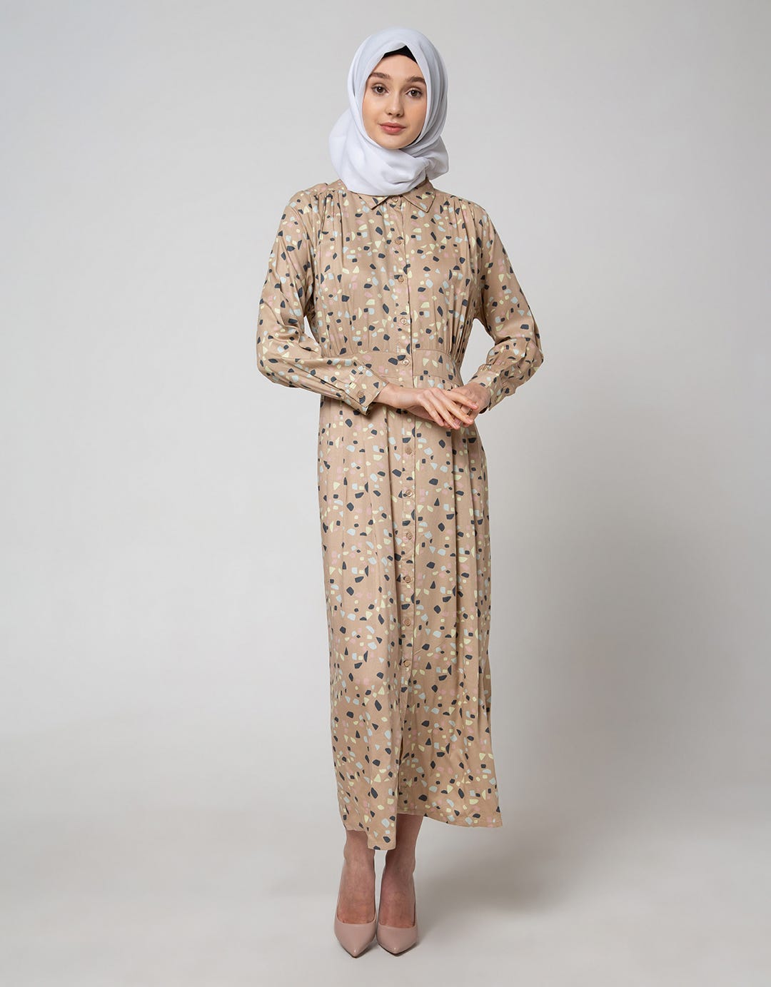 Annisa Long Sleeve Maxi Dress Printed Shirt With Gather Detail