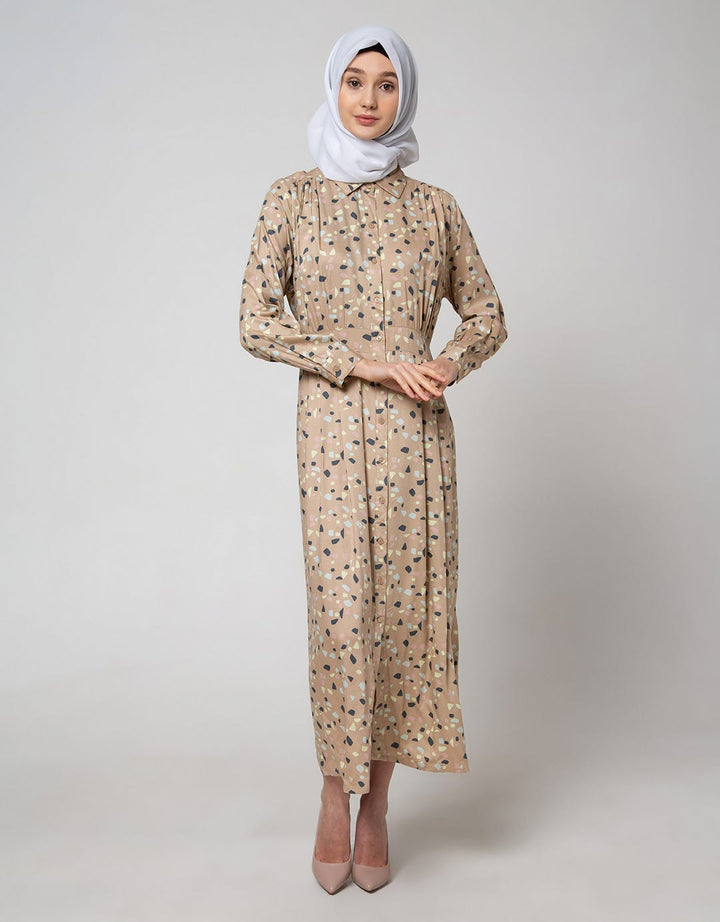 Annisa Long Sleeve Maxi Dress Printed Shirt With Gather Detail