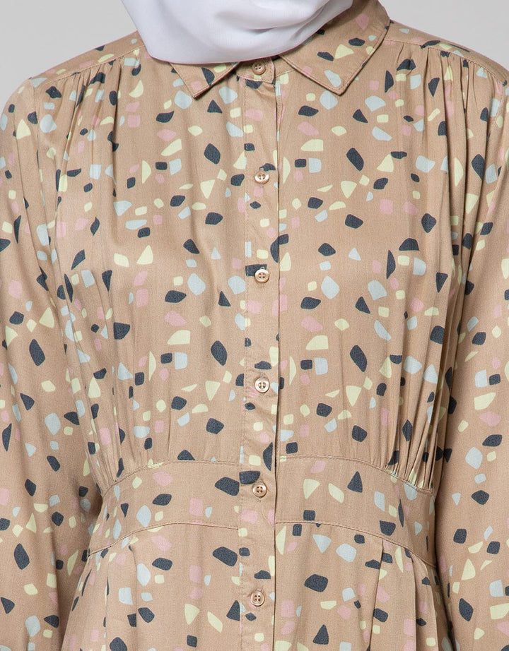Annisa Long Sleeve Maxi Dress Printed Shirt With Gather Detail