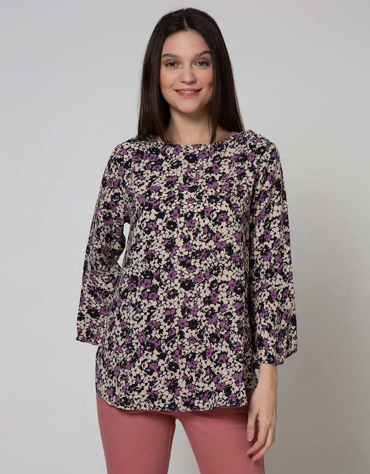 St. Yves Long Sleeve Blouse Top Print Flower Bell Sleeve