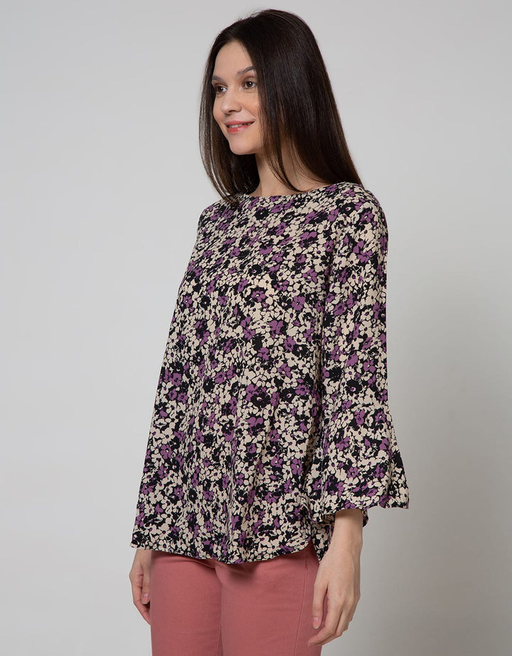 St. Yves Long Sleeve Blouse Top Print Flower Bell Sleeve