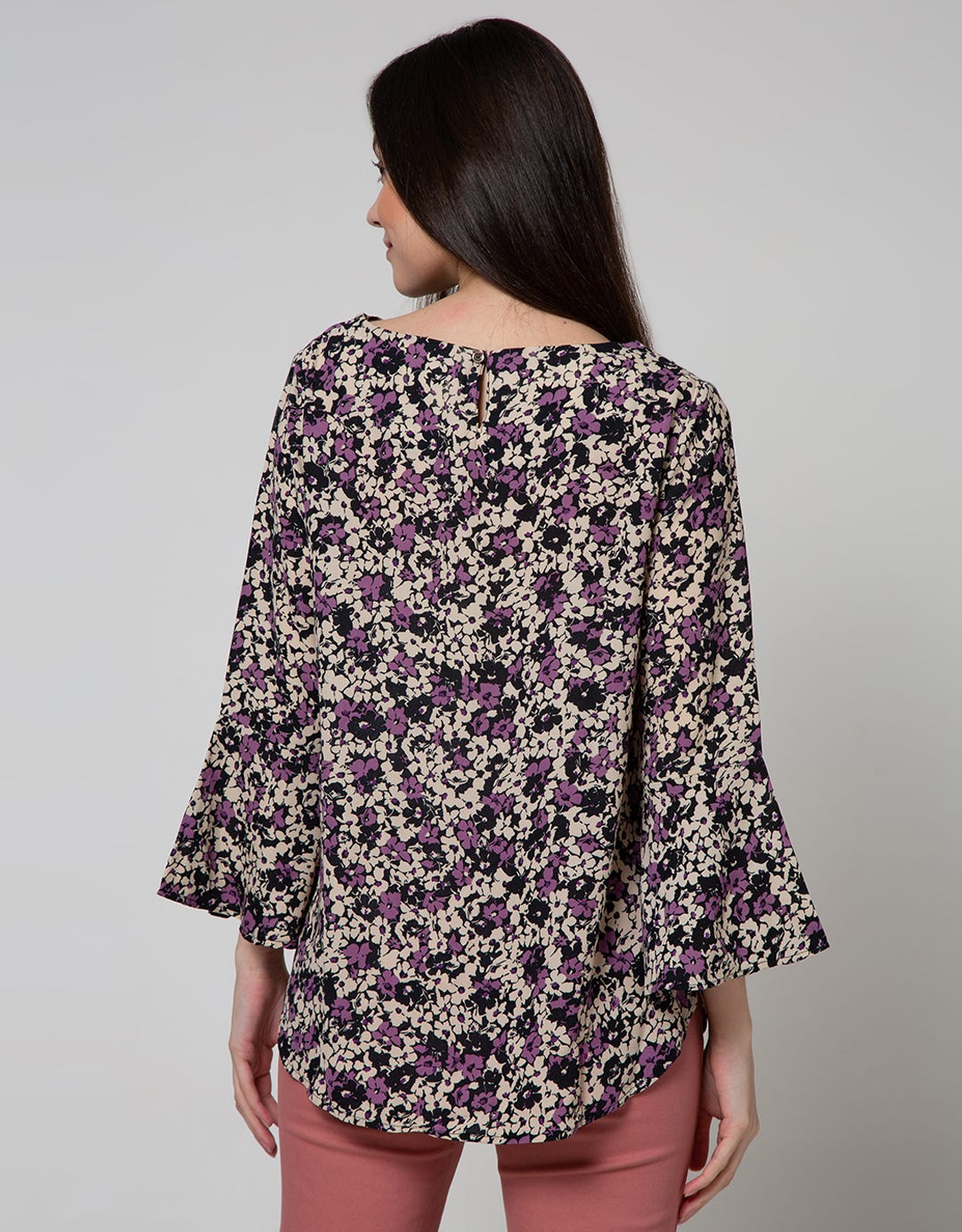 St. Yves Long Sleeve Blouse Top Print Flower Bell Sleeve