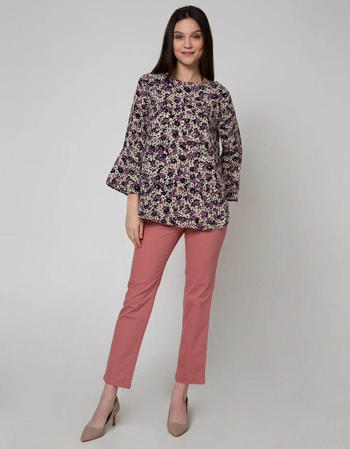 St. Yves Long Sleeve Blouse Top Print Flower Bell Sleeve