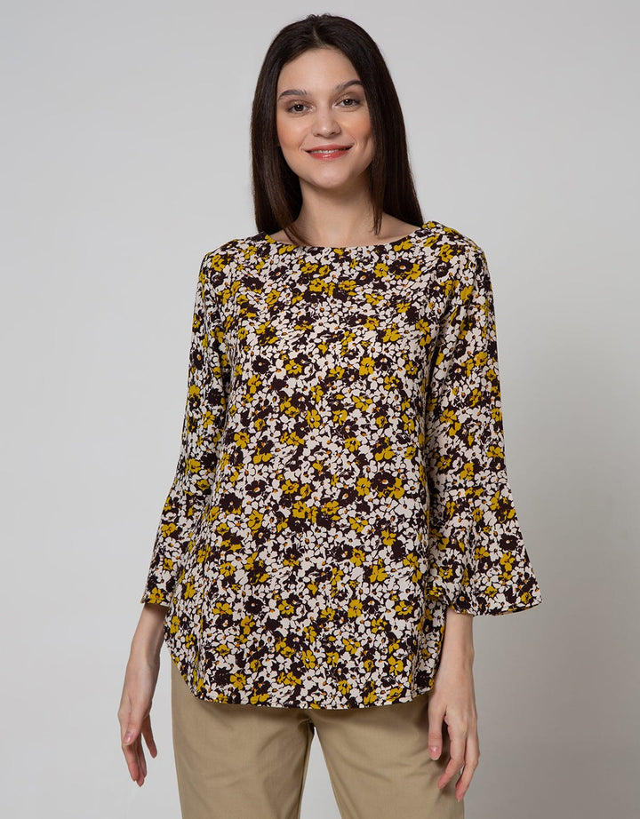 St. Yves Long Sleeve Blouse Top Print Flower Bell Sleeve
