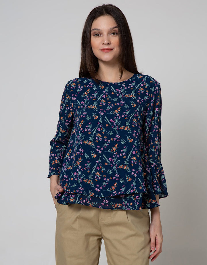 St. Yves Long Sleeve Blouse Top Print Chifon Bell Sleeve
