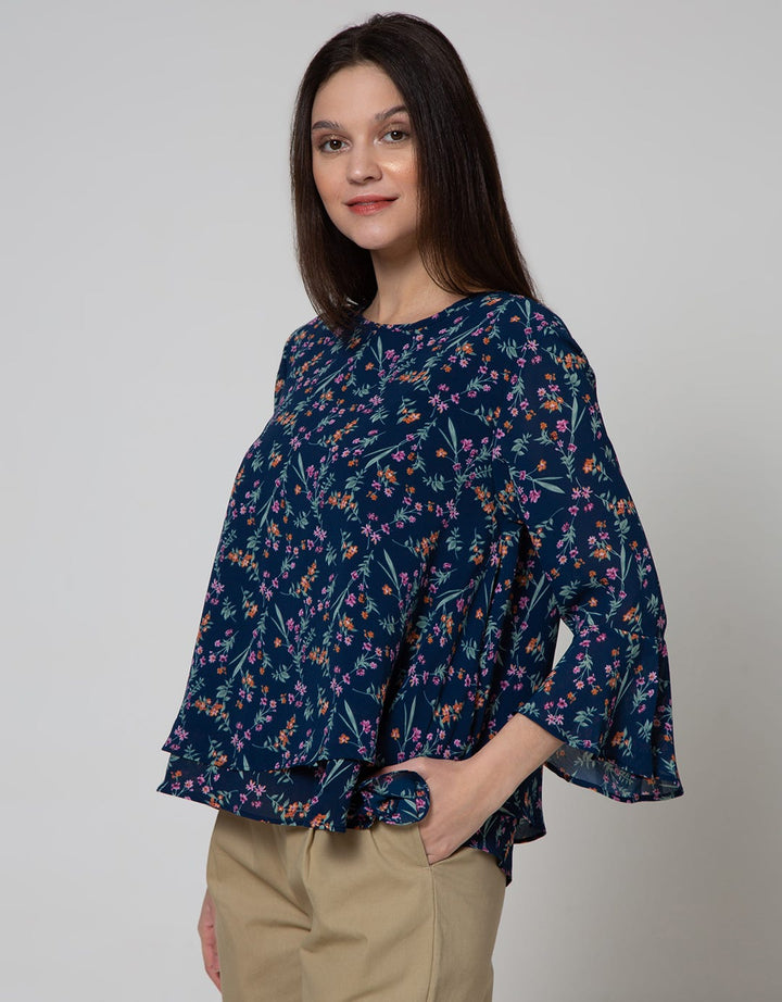 St. Yves Long Sleeve Blouse Top Print Chifon Bell Sleeve