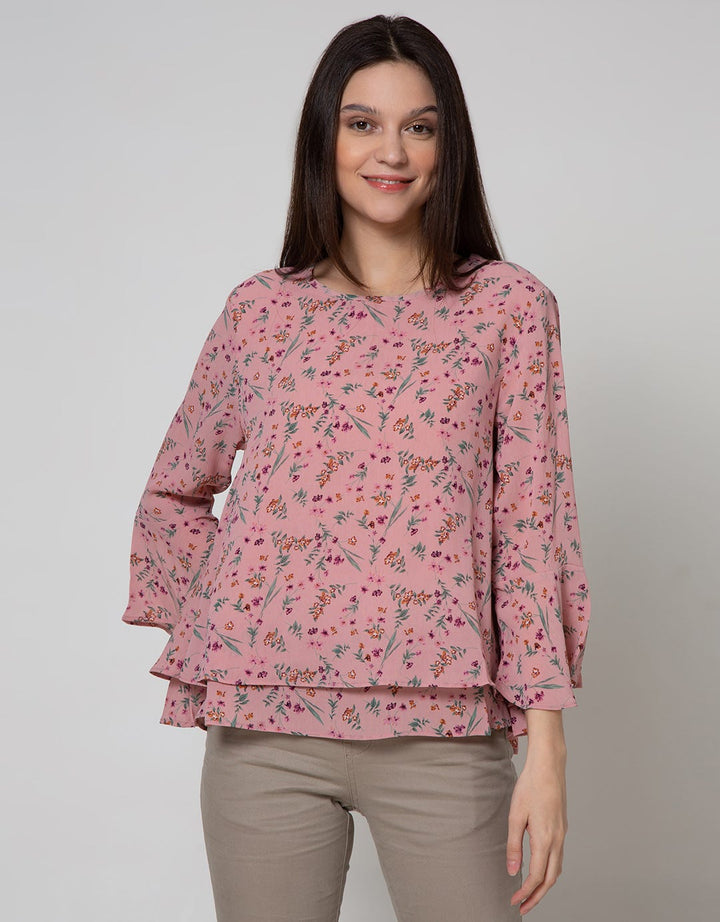 St. Yves Long Sleeve Blouse Top Print Chifon Bell Sleeve