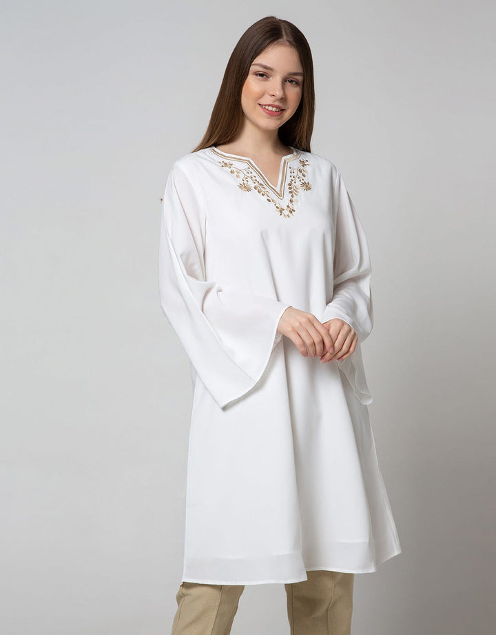 St. Yves Long Sleeve Midi Tunic Dress Lebaran Embro V
