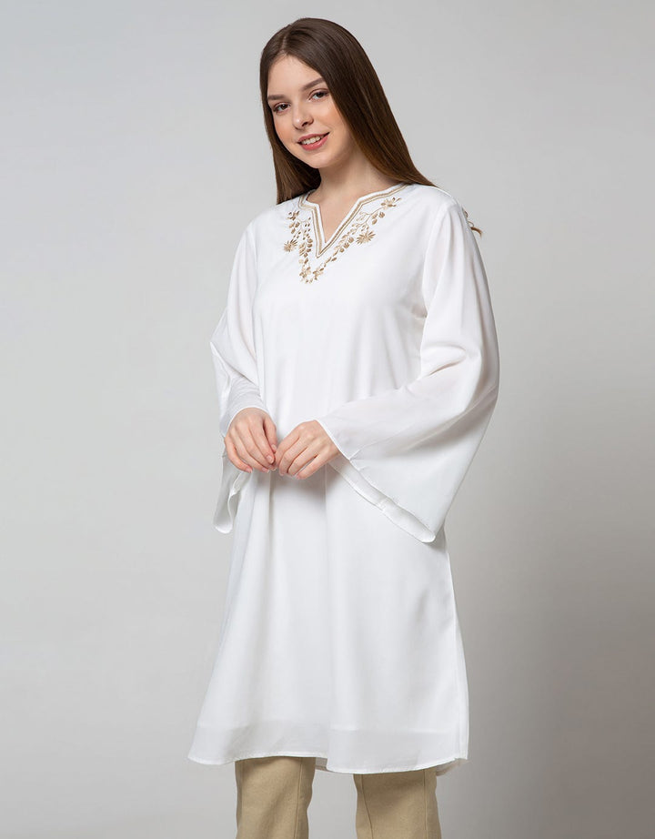 St. Yves Long Sleeve Midi Tunic Dress Lebaran Embro V
