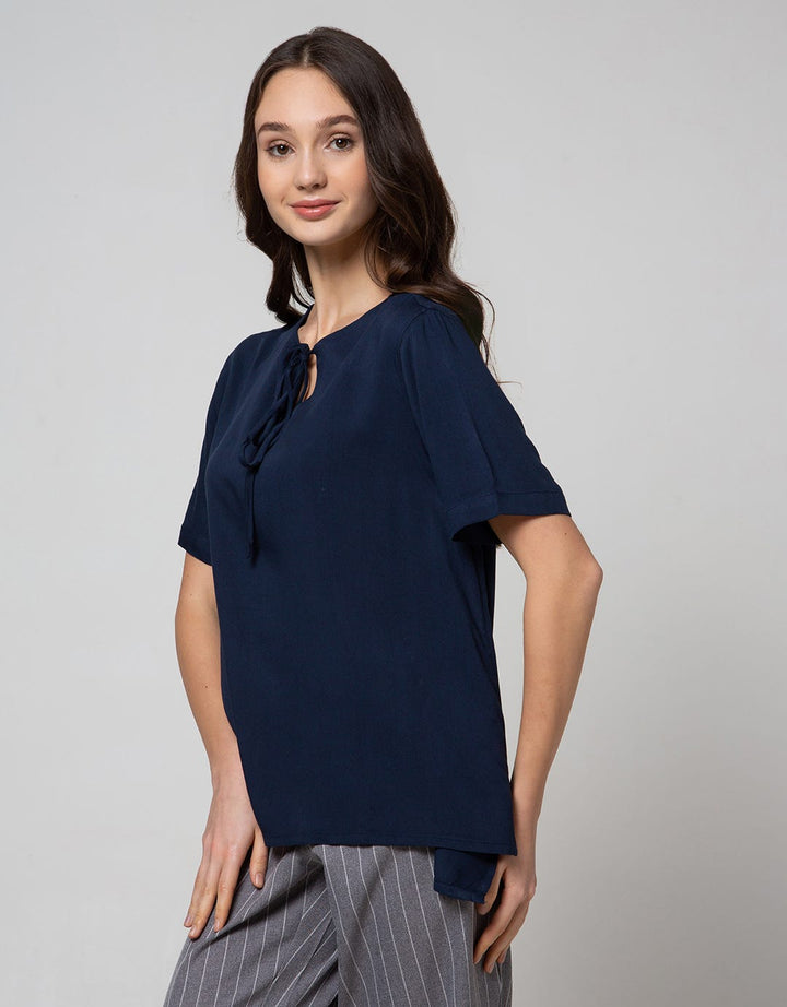 St. Yves Short Sleeve Blouse Rayon V Neck With Tie