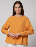 Connexion Long Sleeve Blouse Ruffle Waist Rneck With Horn Button Back