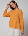Connexion Long Sleeve Blouse Ruffle Waist Rneck With Horn Button Back