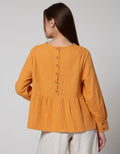 Connexion Long Sleeve Blouse Ruffle Waist Rneck With Horn Button Back
