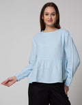 Connexion Long Sleeve Blouse Ruffle Waist Rneck With Horn Button Back