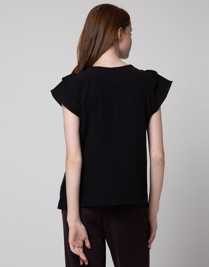 Connexion Short Sleeve Blouse Ruffle Sleeve Double Cloth