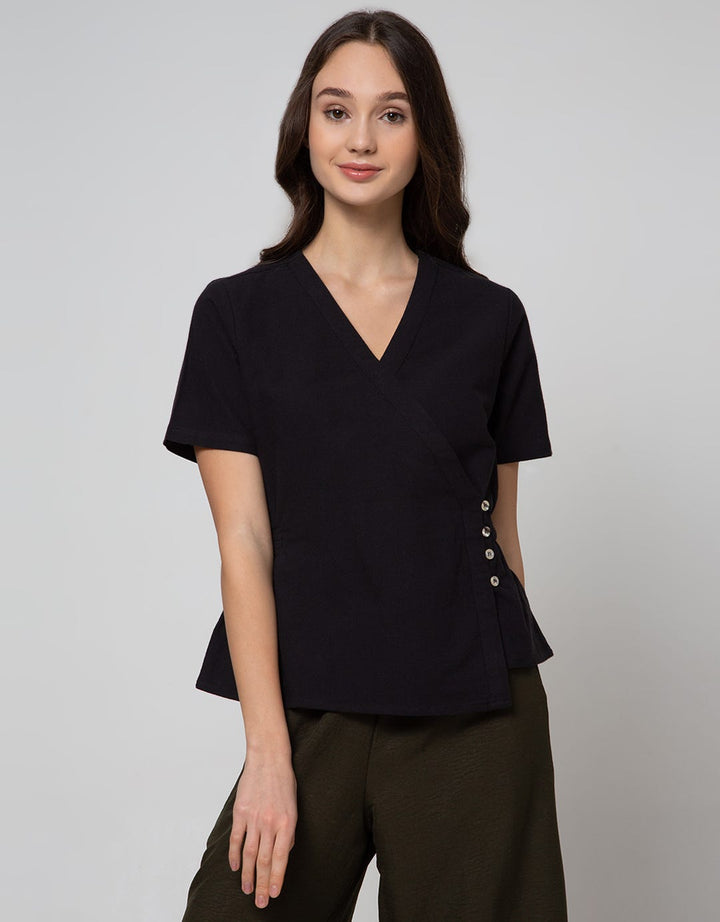 Connexion Short Sleeve Blouse  Wrapover With Smok One Side