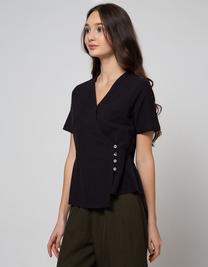 Connexion Short Sleeve Blouse  Wrapover With Smok One Side
