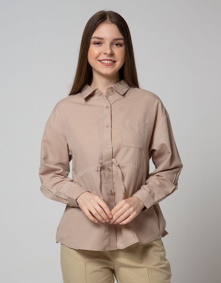 Connexion Long Sleeve Blouse Poly Twill Pocket With Drawstring Waist