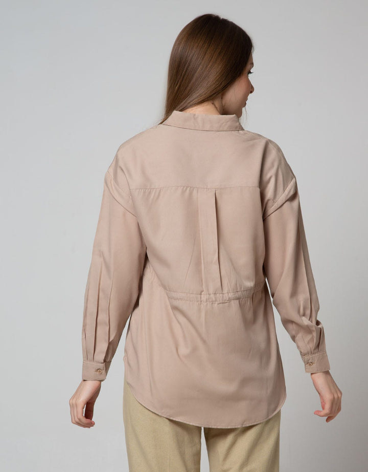 Connexion Long Sleeve Blouse Poly Twill Pocket With Drawstring Waist
