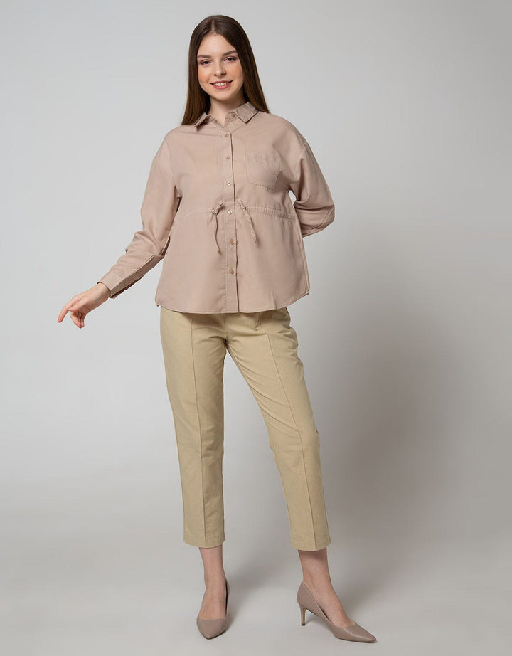 Connexion Long Sleeve Blouse Poly Twill Pocket With Drawstring Waist