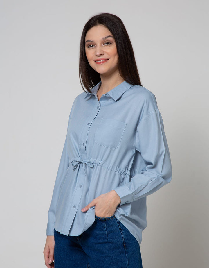 Connexion Long Sleeve Blouse Poly Twill Pocket With Drawstring Waist