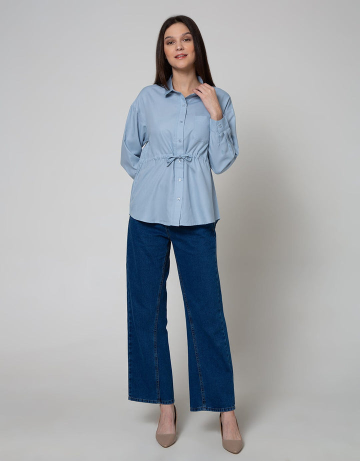 Connexion Long Sleeve Blouse Poly Twill Pocket With Drawstring Waist
